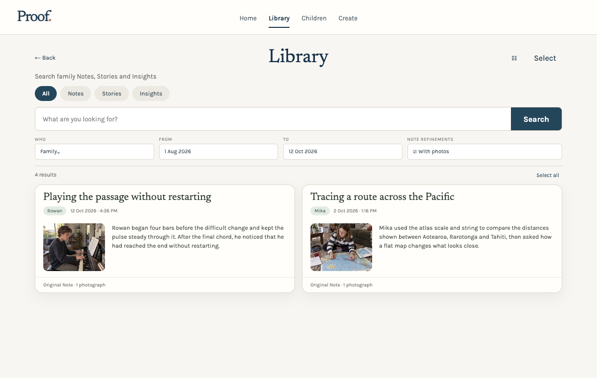 Proof Library showing its complete search, source categories, child and date filters, photograph refinement and results